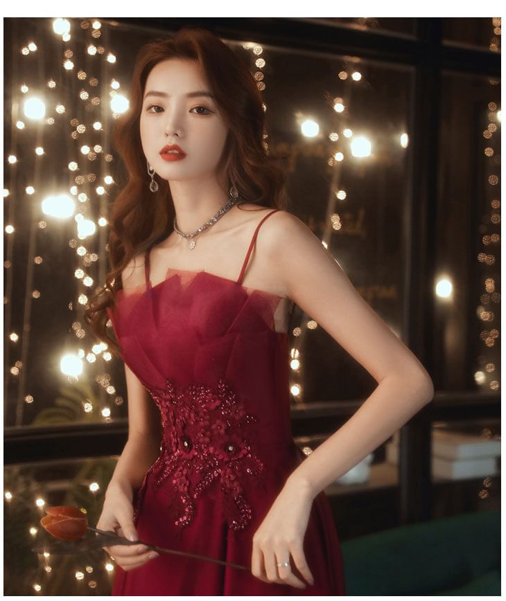 Dress Spaghetti Midi A-Line Sequin / Evening Strap Gown