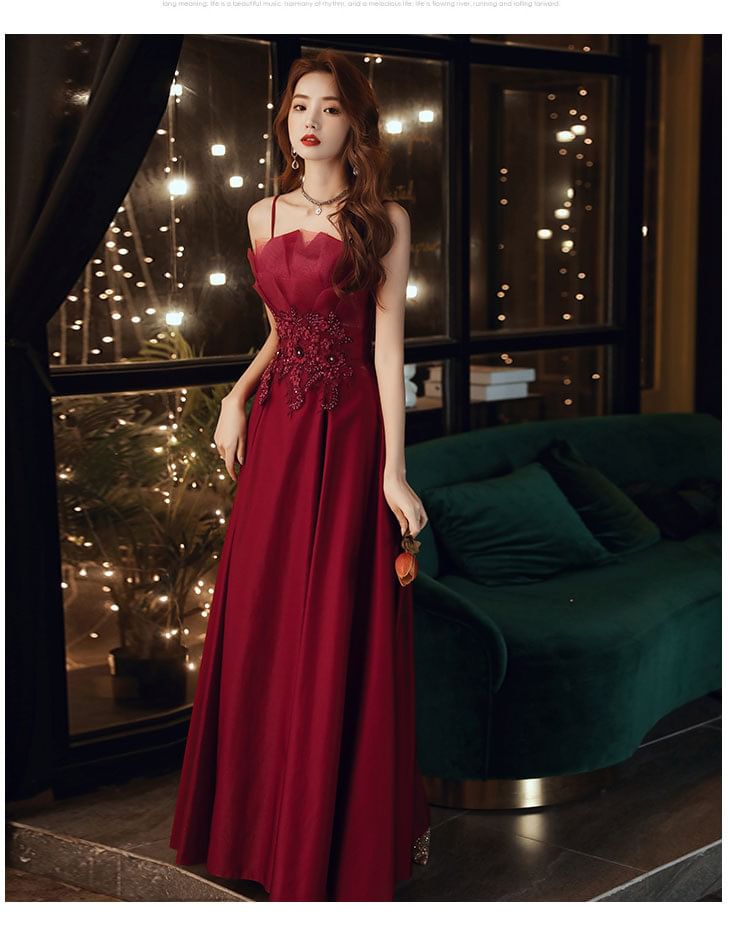 Dress Spaghetti Midi A-Line Sequin / Evening Strap Gown