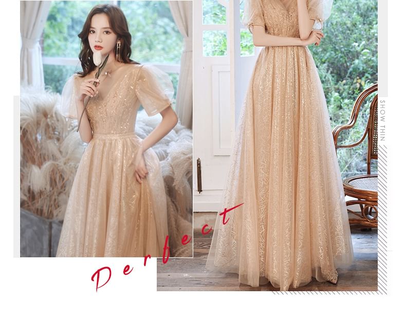 Evening Gown Mesh Short-Sleeve Sequin A-Line