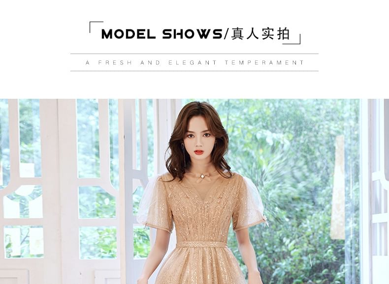 Evening Gown Mesh Short-Sleeve Sequin A-Line