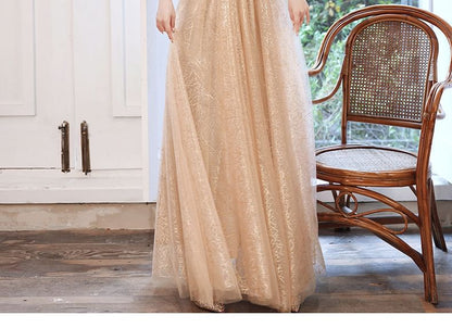 Evening Gown Mesh Short-Sleeve Sequin A-Line