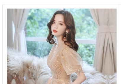 Evening Gown Mesh Short-Sleeve Sequin A-Line