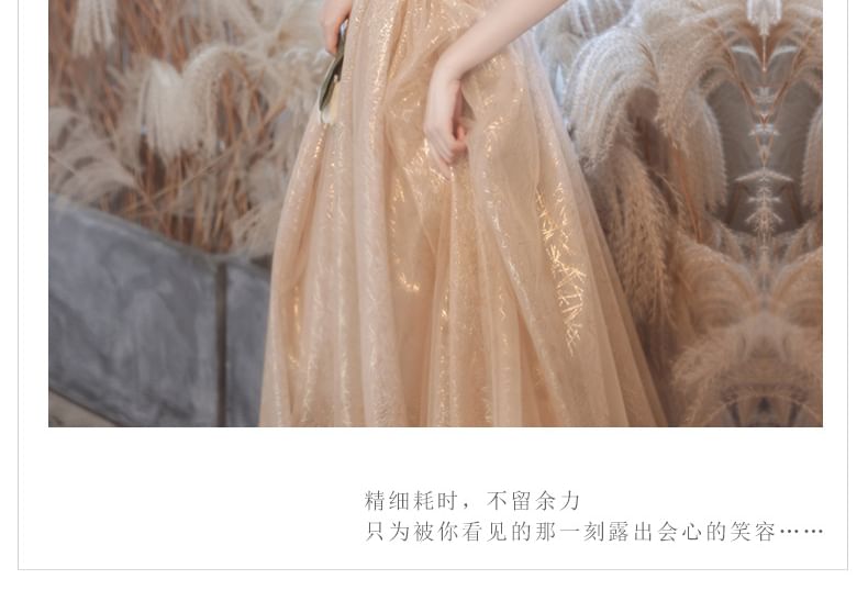 Evening Gown Mesh Short-Sleeve Sequin A-Line