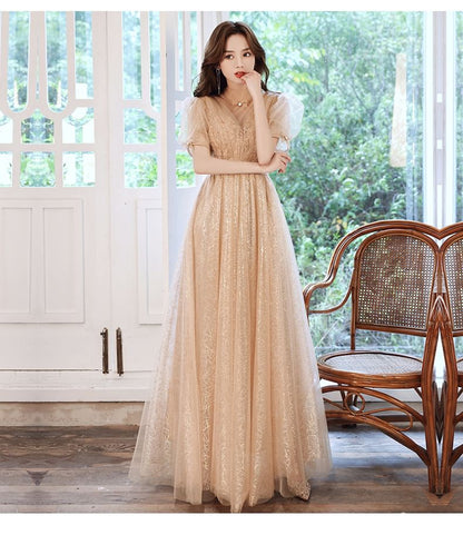 Evening Gown Mesh Short-Sleeve Sequin A-Line