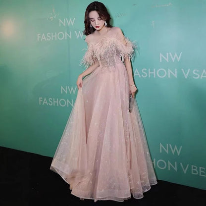 Gown Mesh Trim Sequin / Evening Dress A-Line Midi Off-Shoulder Fluffy