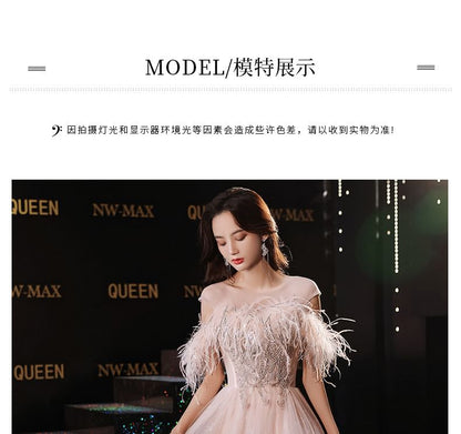 Gown Mesh Trim Sequin / Evening Dress A-Line Midi Off-Shoulder Fluffy