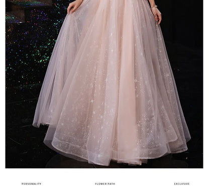 Gown Mesh Trim Sequin / Evening Dress A-Line Midi Off-Shoulder Fluffy