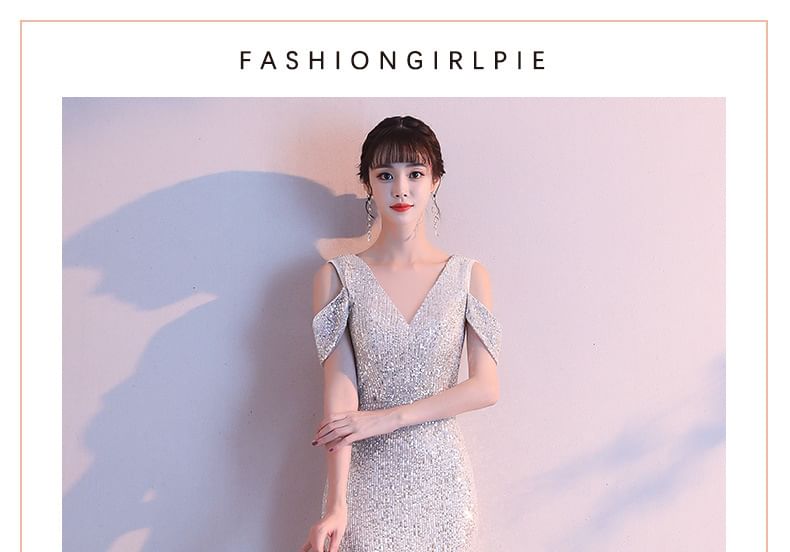 Cold-Shoulder Sequin Mermaid V-Neck Cap-Sleeve Gown Evening