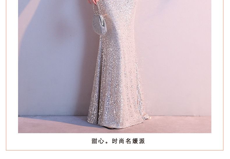 Cold-Shoulder Sequin Mermaid V-Neck Cap-Sleeve Gown Evening