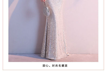 Cold-Shoulder Sequin Mermaid V-Neck Cap-Sleeve Gown Evening