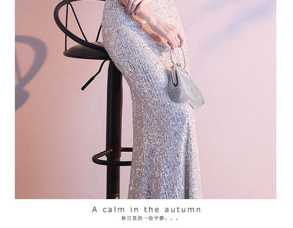 Cold-Shoulder Sequin Mermaid V-Neck Cap-Sleeve Gown Evening