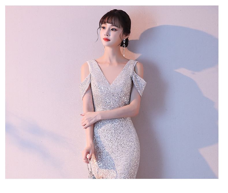 Cold-Shoulder Sequin Mermaid V-Neck Cap-Sleeve Gown Evening