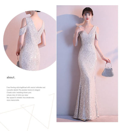 Cold-Shoulder Sequin Mermaid V-Neck Cap-Sleeve Gown Evening