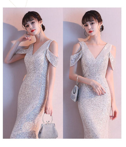 Cold-Shoulder Sequin Mermaid V-Neck Cap-Sleeve Gown Evening