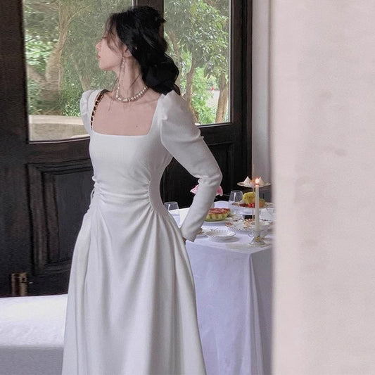 Long Sleeve Square Neck Plain Midi A-Line Party Dress