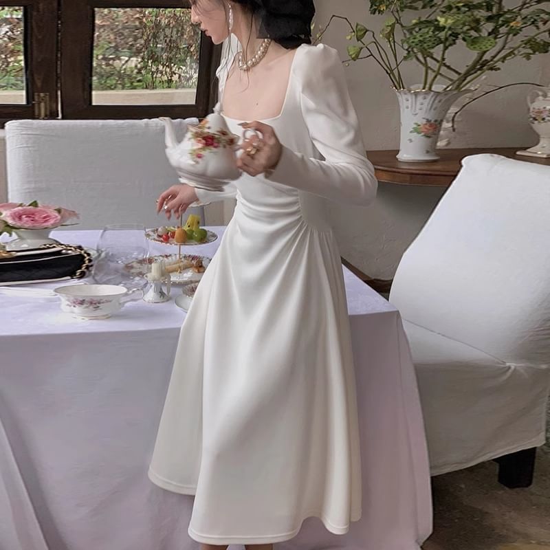 Long Sleeve Square Neck Plain Midi A-Line Party Dress