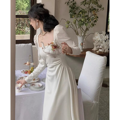 Long Sleeve Square Neck Plain Midi A-Line Party Dress