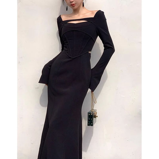 Long Sleeve Square Neck Plain Cut Out Mermaid Maxi Party Dress