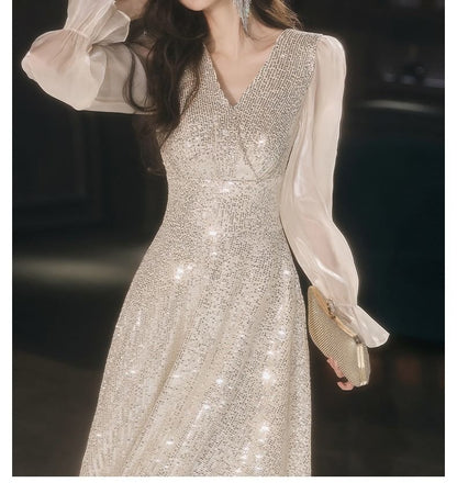 Long-Sleeve V-Neck Sequin A-Line Evening Gown