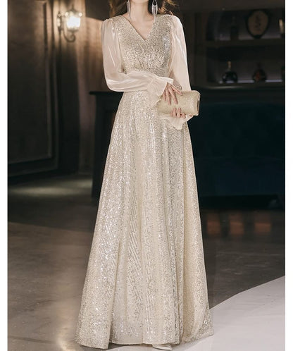 Long-Sleeve V-Neck Sequin A-Line Evening Gown