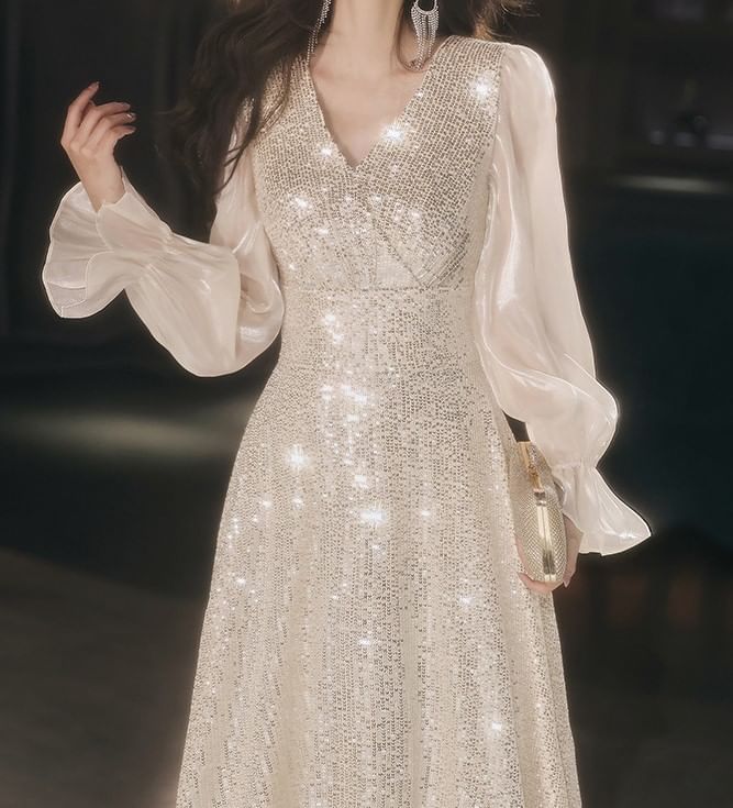 Long-Sleeve V-Neck Sequin A-Line Evening Gown