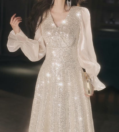 Long-Sleeve V-Neck Sequin A-Line Evening Gown