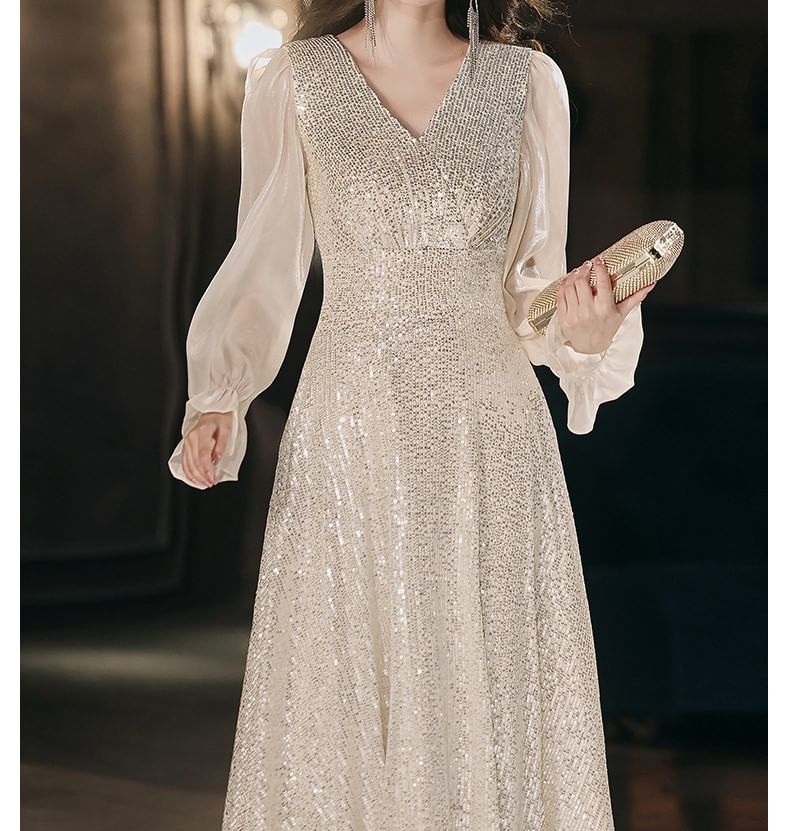 Long-Sleeve V-Neck Sequin A-Line Evening Gown