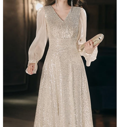 Long-Sleeve V-Neck Sequin A-Line Evening Gown