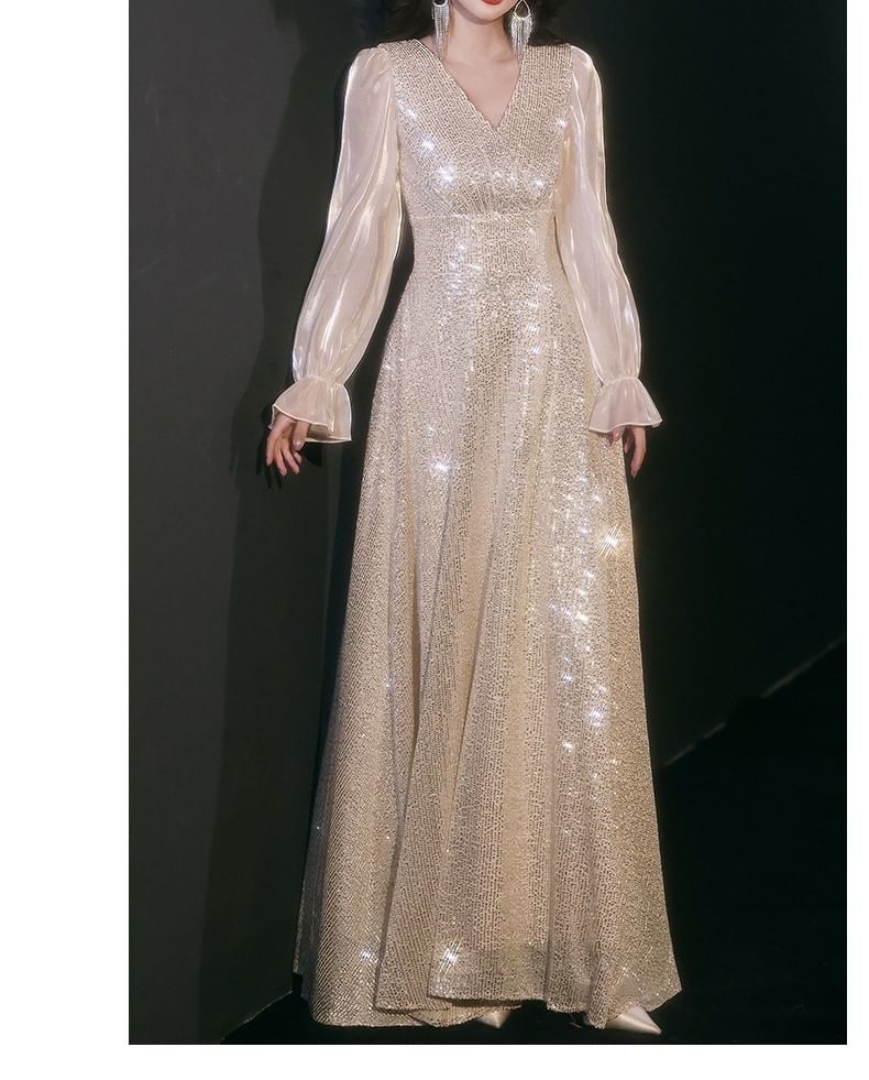 Long-Sleeve V-Neck Sequin A-Line Evening Gown