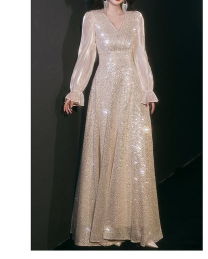 Long-Sleeve V-Neck Sequin A-Line Evening Gown