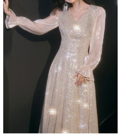 Long-Sleeve V-Neck Sequin A-Line Evening Gown