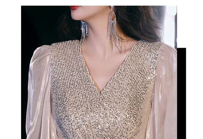 Long-Sleeve V-Neck Sequin A-Line Evening Gown