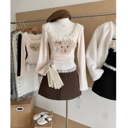 Long Sleeve Scoop Neck Cartoon Patterned Ruffle Panel Top