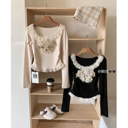 Long Sleeve Scoop Neck Cartoon Patterned Ruffle Panel Top