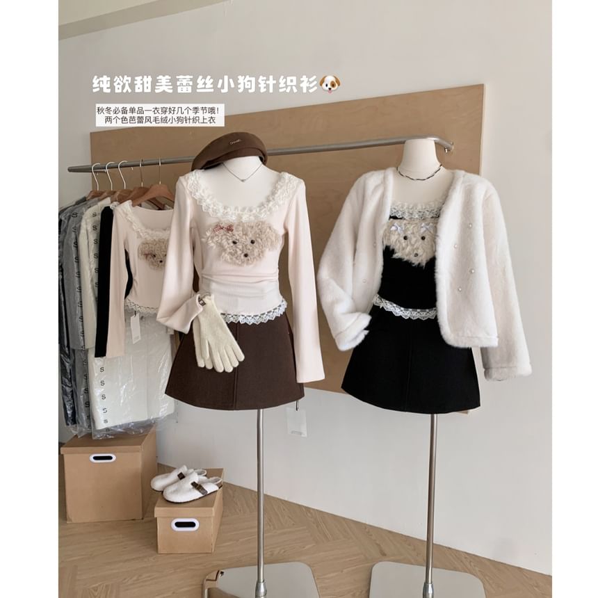 Long Sleeve Scoop Neck Cartoon Patterned Ruffle Panel Top