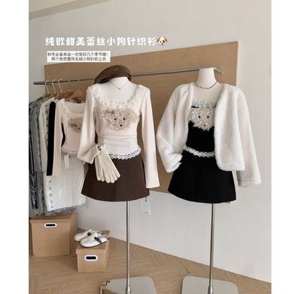 Long Sleeve Scoop Neck Cartoon Patterned Ruffle Panel Top