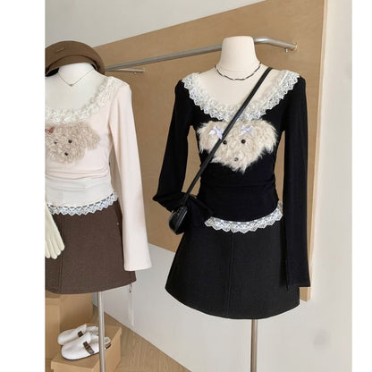 Long Sleeve Scoop Neck Cartoon Patterned Ruffle Panel Top