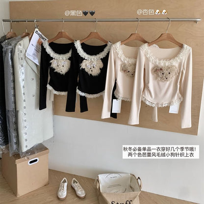 Long Sleeve Scoop Neck Cartoon Patterned Ruffle Panel Top