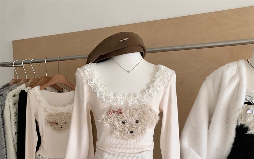 Long Sleeve Scoop Neck Cartoon Patterned Ruffle Panel Top