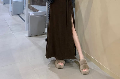 Long Sleeve V-Neck Plain Wrap Slit Maxi A-Line Dress