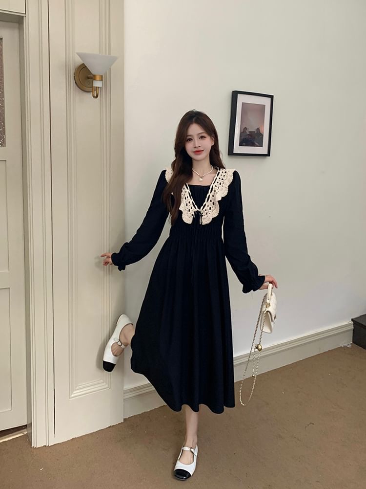 Long Sleeve Square Neck Lace Panel Midi A-Line Dress