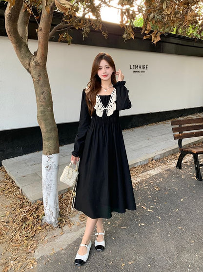 Long Sleeve Square Neck Lace Panel Midi A-Line Dress