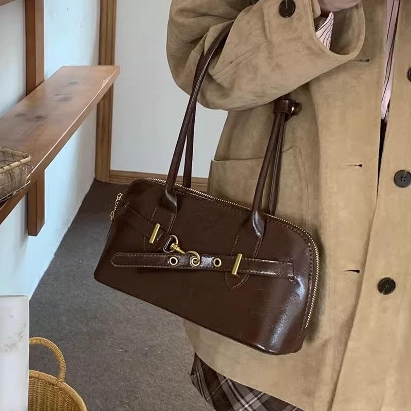 Plain Buckled Faux Leather Shoulder Bag