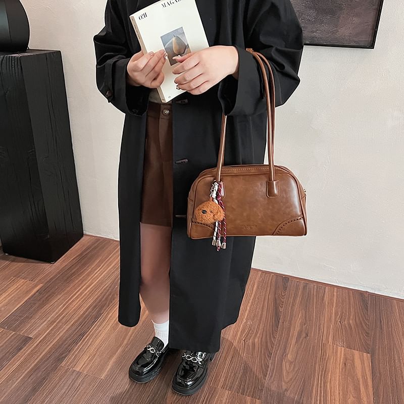 Washed Faux Leather Bowler Bag / Bag Charm / Set