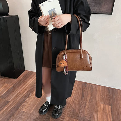 Washed Faux Leather Bowler Bag / Bag Charm / Set