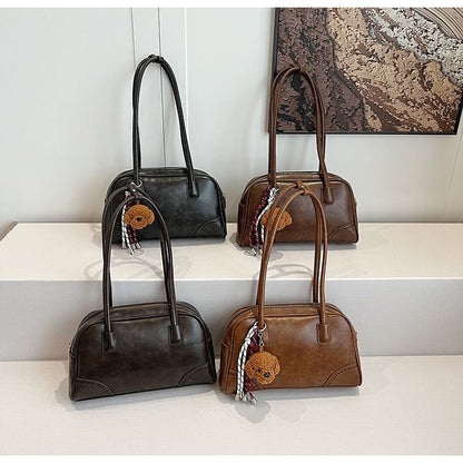 Washed Faux Leather Bowler Bag / Bag Charm / Set