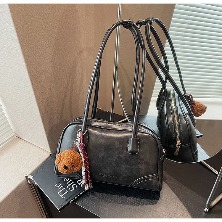 Washed Faux Leather Bowler Bag / Bag Charm / Set