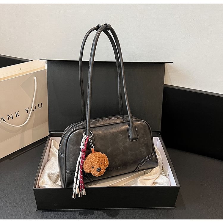 Washed Faux Leather Bowler Bag / Bag Charm / Set