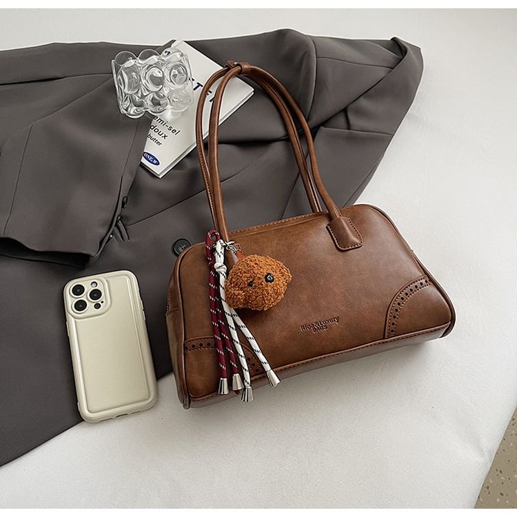 Washed Faux Leather Bowler Bag / Bag Charm / Set