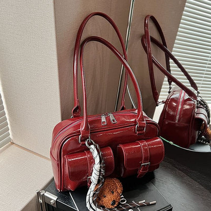 Multi-Pocket Faux Leather Tote Bag / Bag Charm / Set